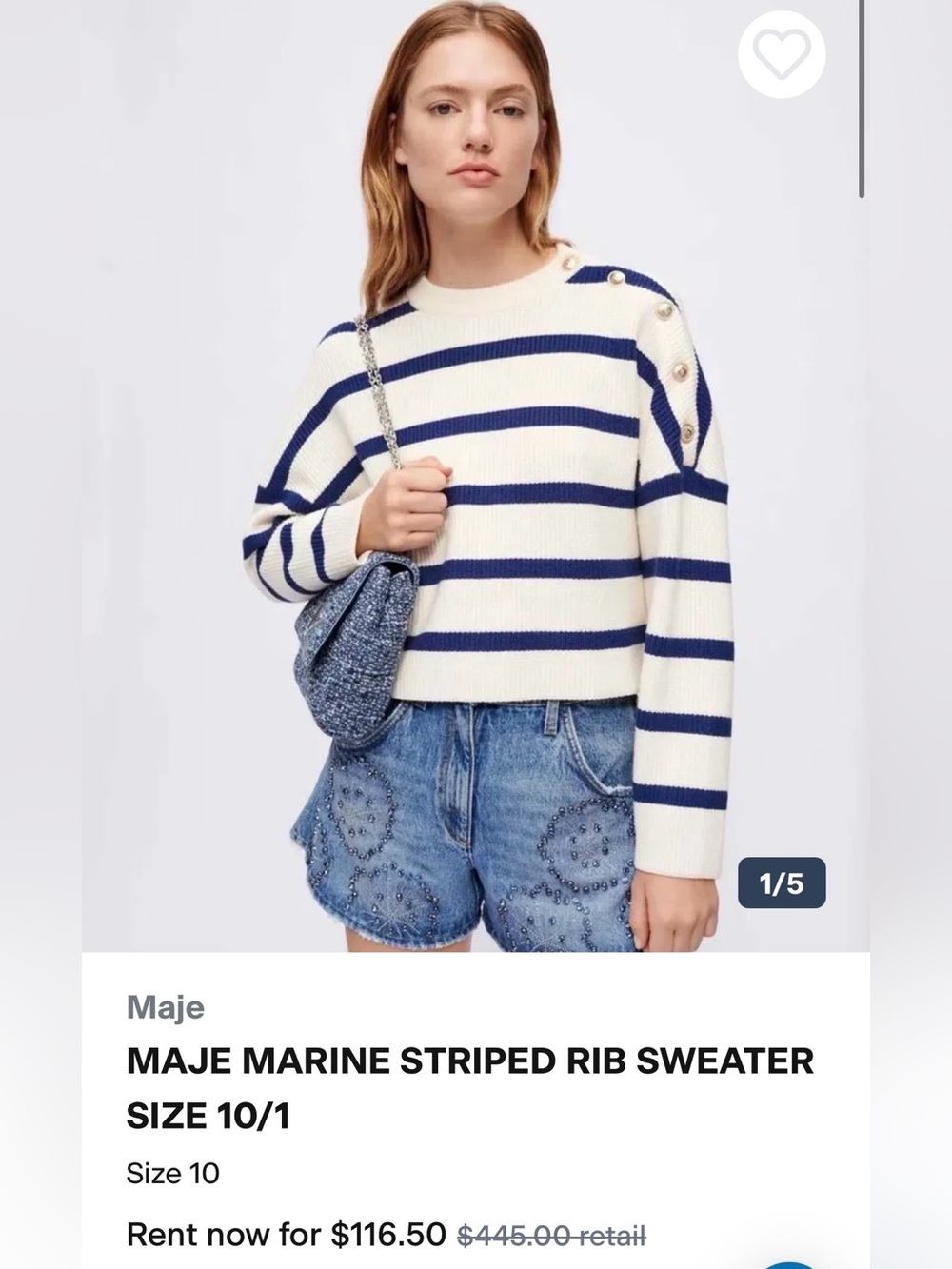 Maje Cream and Navy Striped Button-Shoulder Sweater